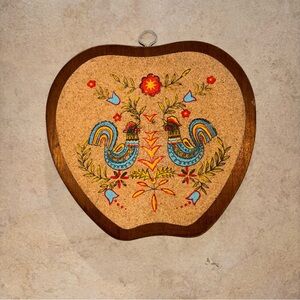 Hand-Painted Cork Wall Art with Folk Rooster Motif Farmhouse Apple Plaque